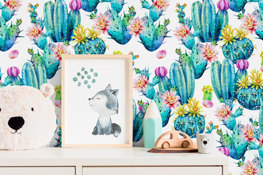 Floral Cactus Wallpaper, Floral Wallpaper, Removable Wallpaper, Cactus, Cute Cactus Wallpaper, Flower Wallpaper - B023