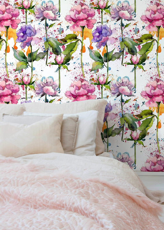 Floral Wallpaper, Removable Wallpaper, Flower Wallpaper, Watercolor print, Watercolor print - B055