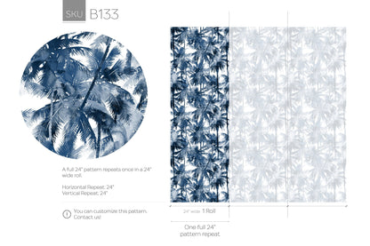 Blue Palm Trees Wallpaper, Blue Wallpaper, Peel and Stick Fabric Wallpaper, Custom Design Wall - B133