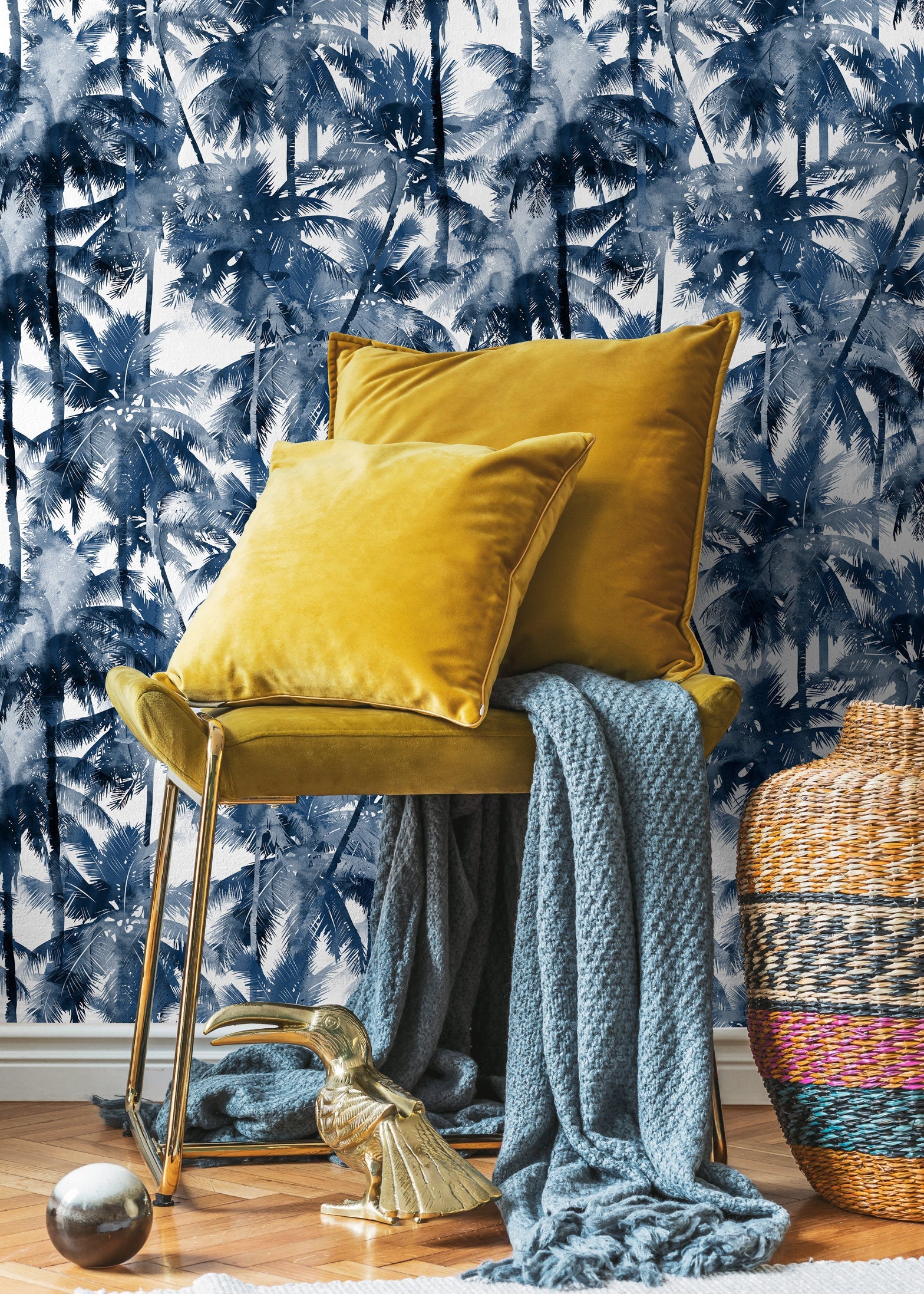 Blue Palm Trees Wallpaper, Blue Wallpaper, Peel and Stick Fabric Wallpaper, Custom Design Wall - B133