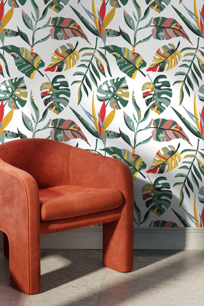 Palm Tree Wallpaper, Removable Wallpaper, Beach Wallpaper, Leaves, Tropical Wall Decor, Wallpaper - C136