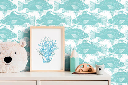 Blue Fishes Removable Wallpaper Wall Decor Home Decor Wall Art Printable Wall Art Room Decor Wall Prints Wall Hanging - B986