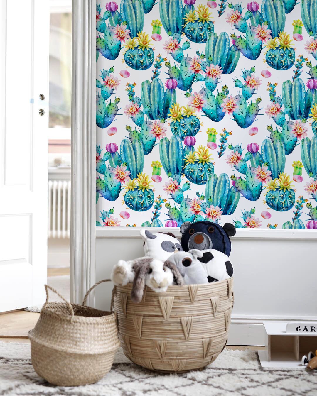 Floral Cactus Wallpaper, Floral Wallpaper, Removable Wallpaper, Cactus, Cute Cactus Wallpaper, Flower Wallpaper - B023