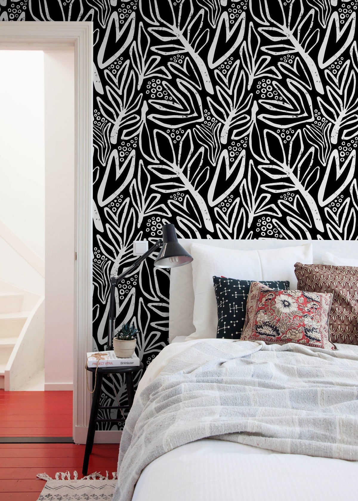 Wallpaper Peel and Stick Wallpaper Removable Wallpaper Home Decor Wall Art Wall Decor Room Decor / Black Abstract Leaf Wallpaper - X176