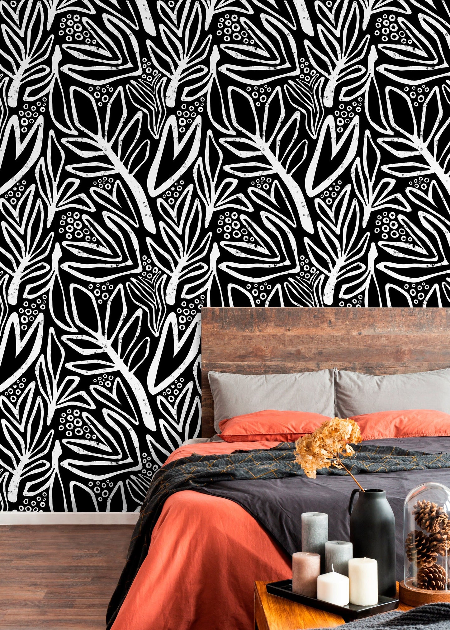 Wallpaper Peel and Stick Wallpaper Removable Wallpaper Home Decor Wall Art Wall Decor Room Decor / Black Abstract Leaf Wallpaper - X176