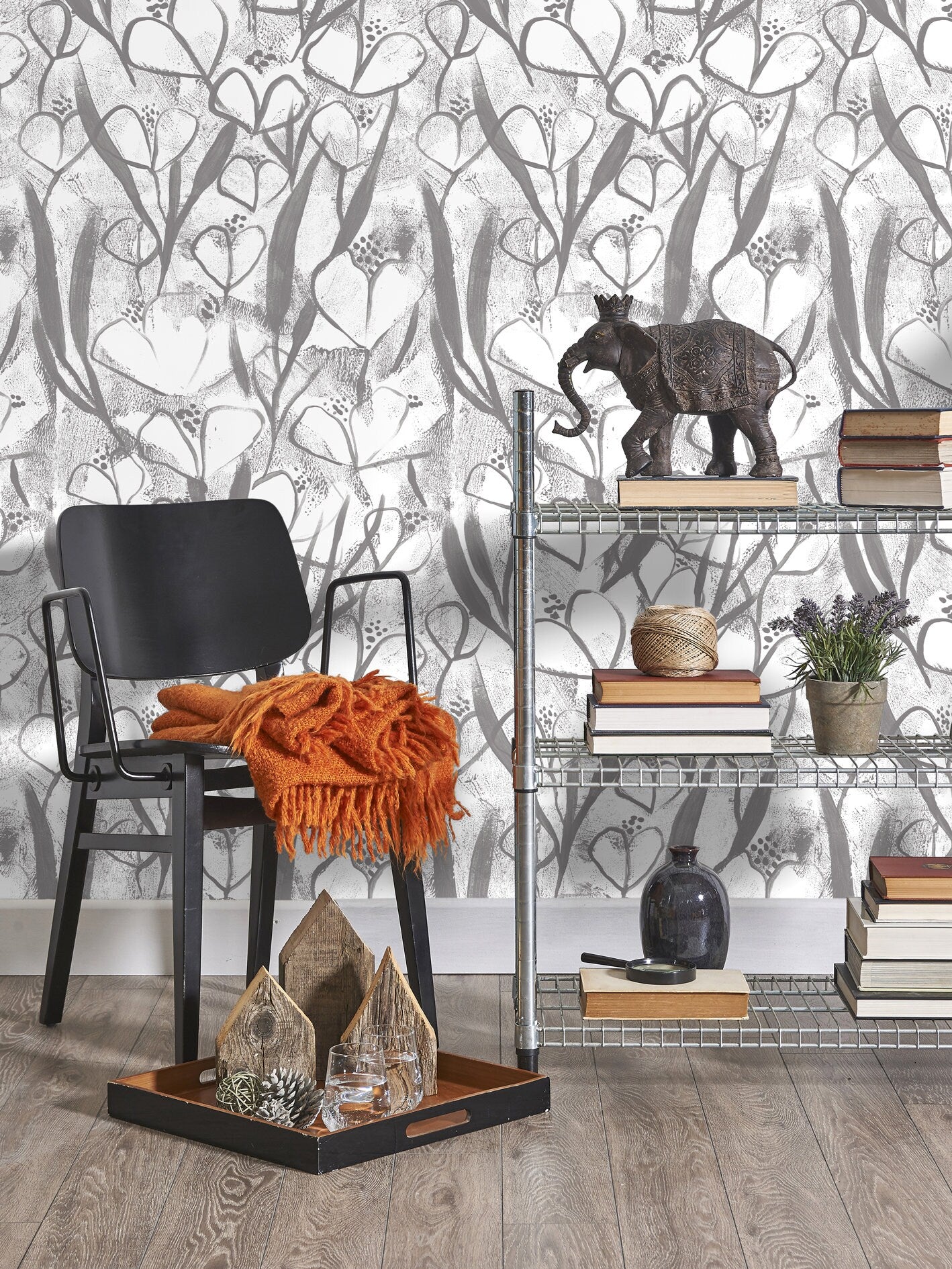 Wallpaper Peel and Stick Wallpaper Removable Wallpaper Home Decor Wall Art Wall Decor Room Decor / Black and White Floral Wallpaper - X191