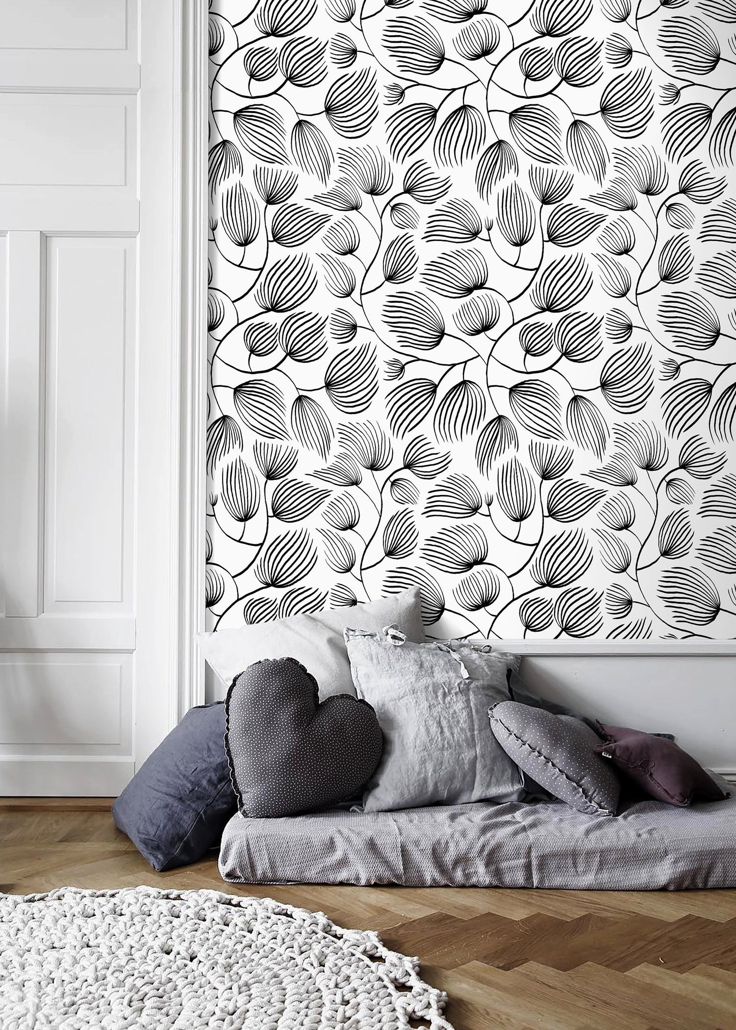 Black and White Leaves Wallpaper / Peel and Stick Wallpaper Removable Wallpaper Home Decor Wall Art Wall Decor Room Decor - C680