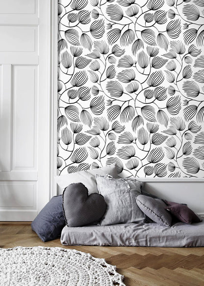 Black and White Leaves Wallpaper / Peel and Stick Wallpaper Removable Wallpaper Home Decor Wall Art Wall Decor Room Decor - C680
