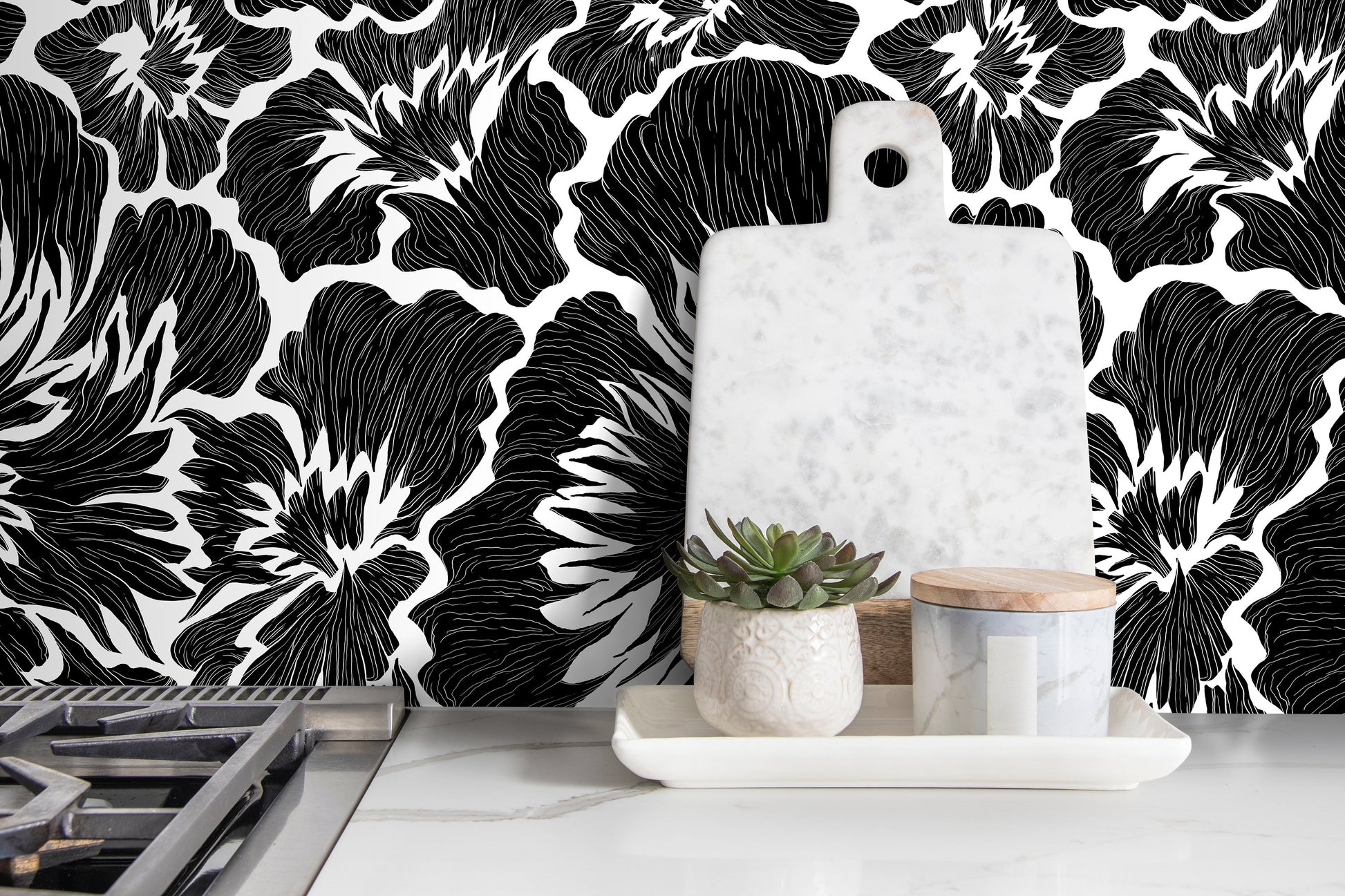 Black and White Bold Floral Wallpaper / Peel and Stick Wallpaper Removable Wallpaper Home Decor Wall Art Wall Decor Room Decor - C677