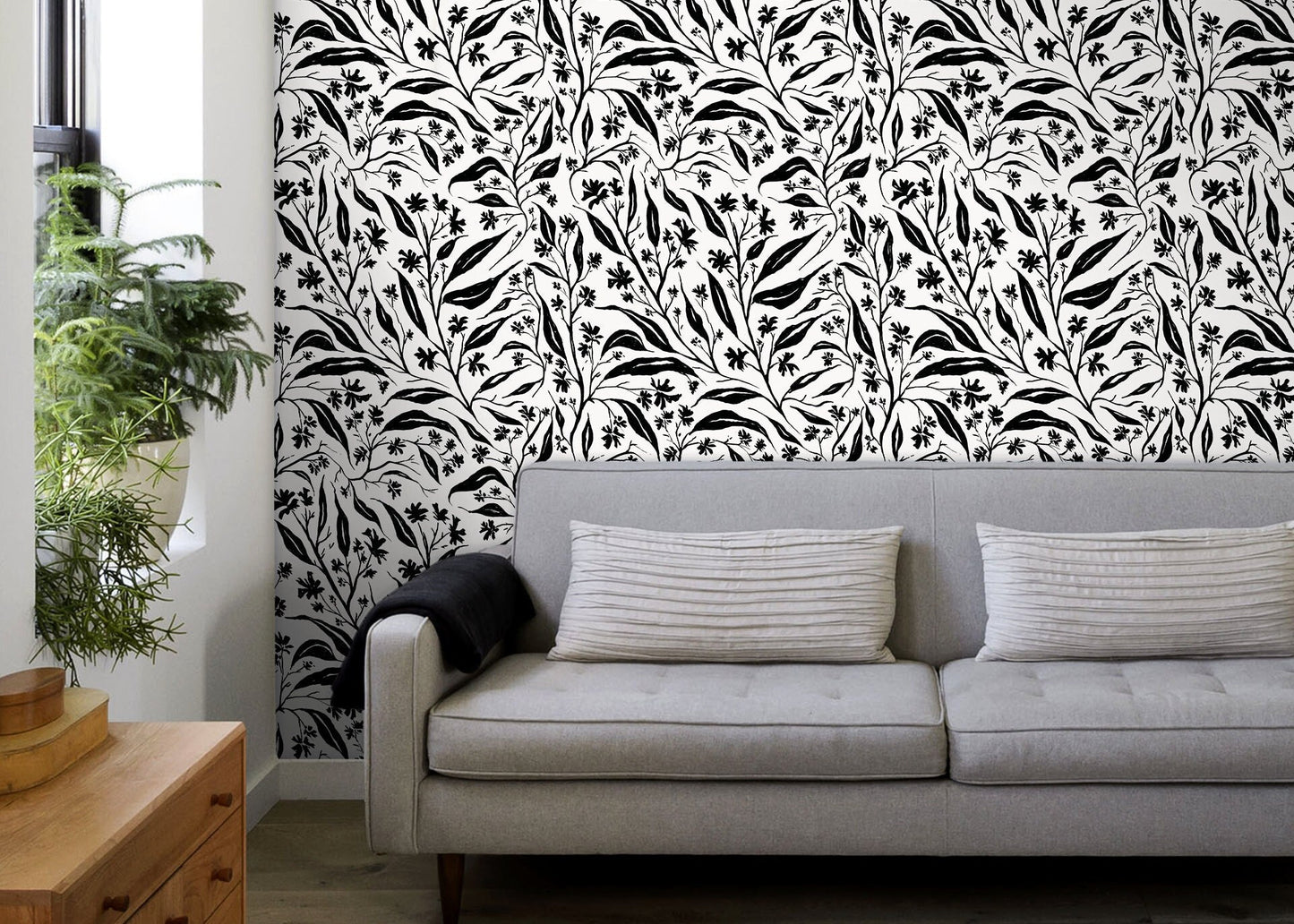 Black and Gray Tropical Wallpaper / Peel and Stick Wallpaper Removable Wallpaper Home Decor Wall Art Wall Decor Room Decor - C663