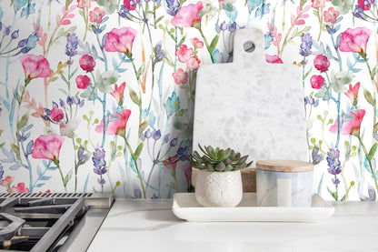 Watercolor Flowers Garden Wallpaper / Peel and Stick Wallpaper Removable Wallpaper Home Decor Wall Art Wall Decor Room Decor - C801