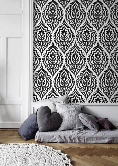 Black and White Boho Moroccan Wallpaper / Peel and Stick Wallpaper Removable Wallpaper Home Decor Wall Art Wall Decor Room Decor - C818