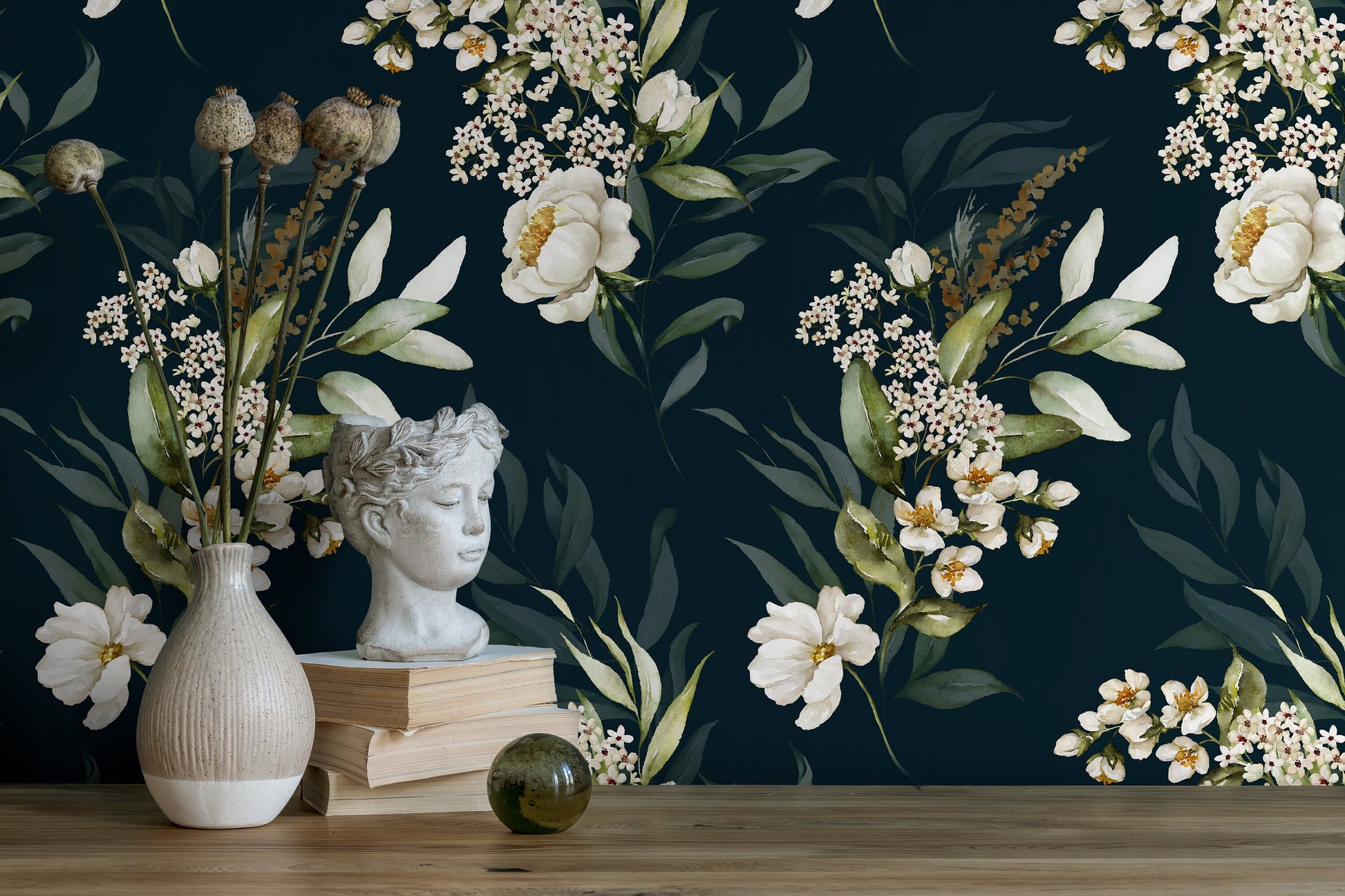 Dark Green Floral Fabric, Wallpaper and Home Decor