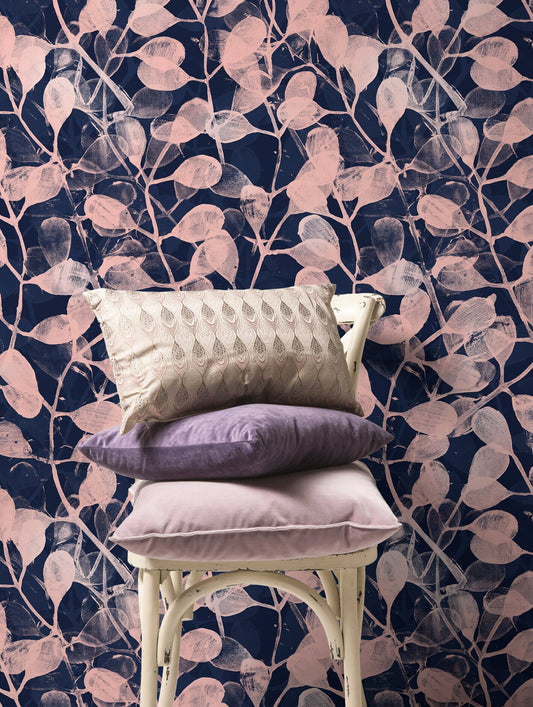 Pink and Navy Leaf Wallpaper / Peel and Stick Wallpaper Removable Wallpaper Home Decor Wall Art Wall Decor Room Decor - C873