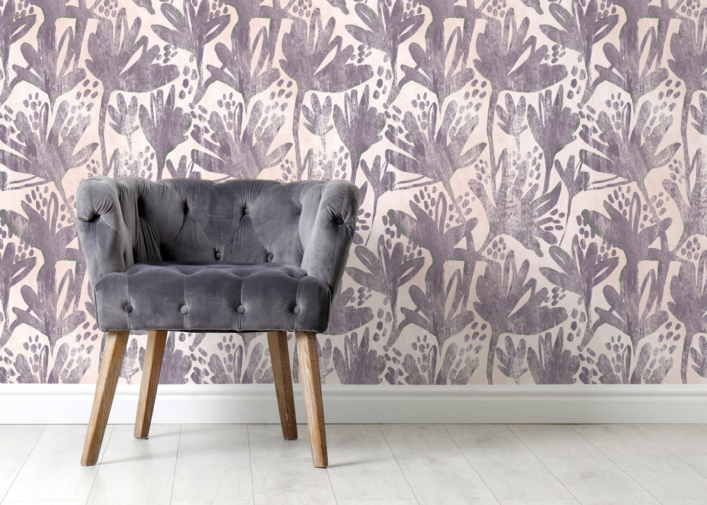 Purple Floral Hand Painted Wallpaper / Peel and Stick Wallpaper Removable Wallpaper Home Decor Wall Art Wall Decor Room Decor - C903