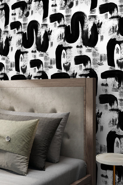 Black and White Abstract Brush / Wallpaper Peel and Stick Wallpaper Removable Wallpaper Home Decor Wall Art Wall Decor Room Decor - C882