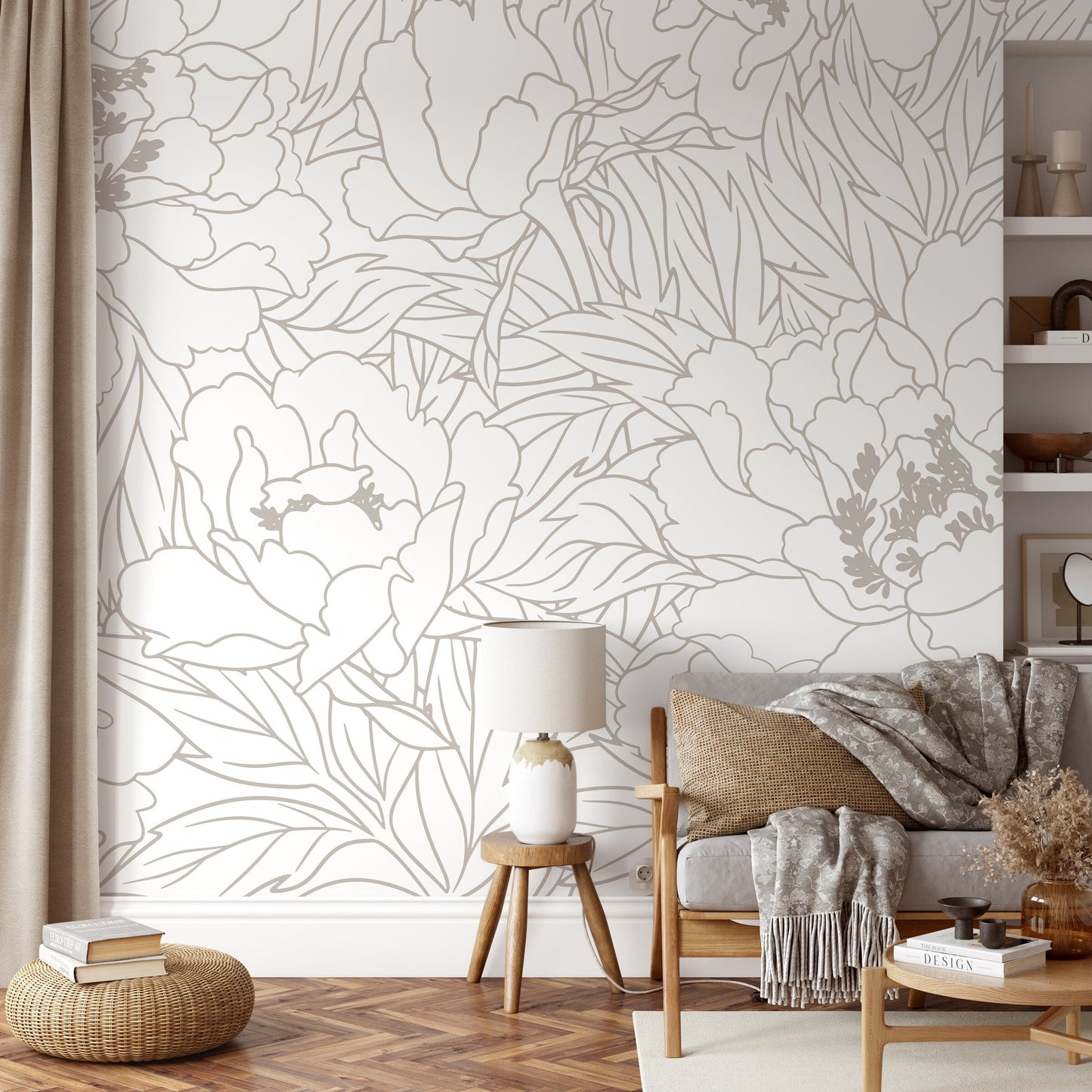 Neutral Large Floral Wallpaper / Peel and Stick Wallpaper Removable Wallpaper Home Decor Wall Art Wall Decor Room Decor - C920