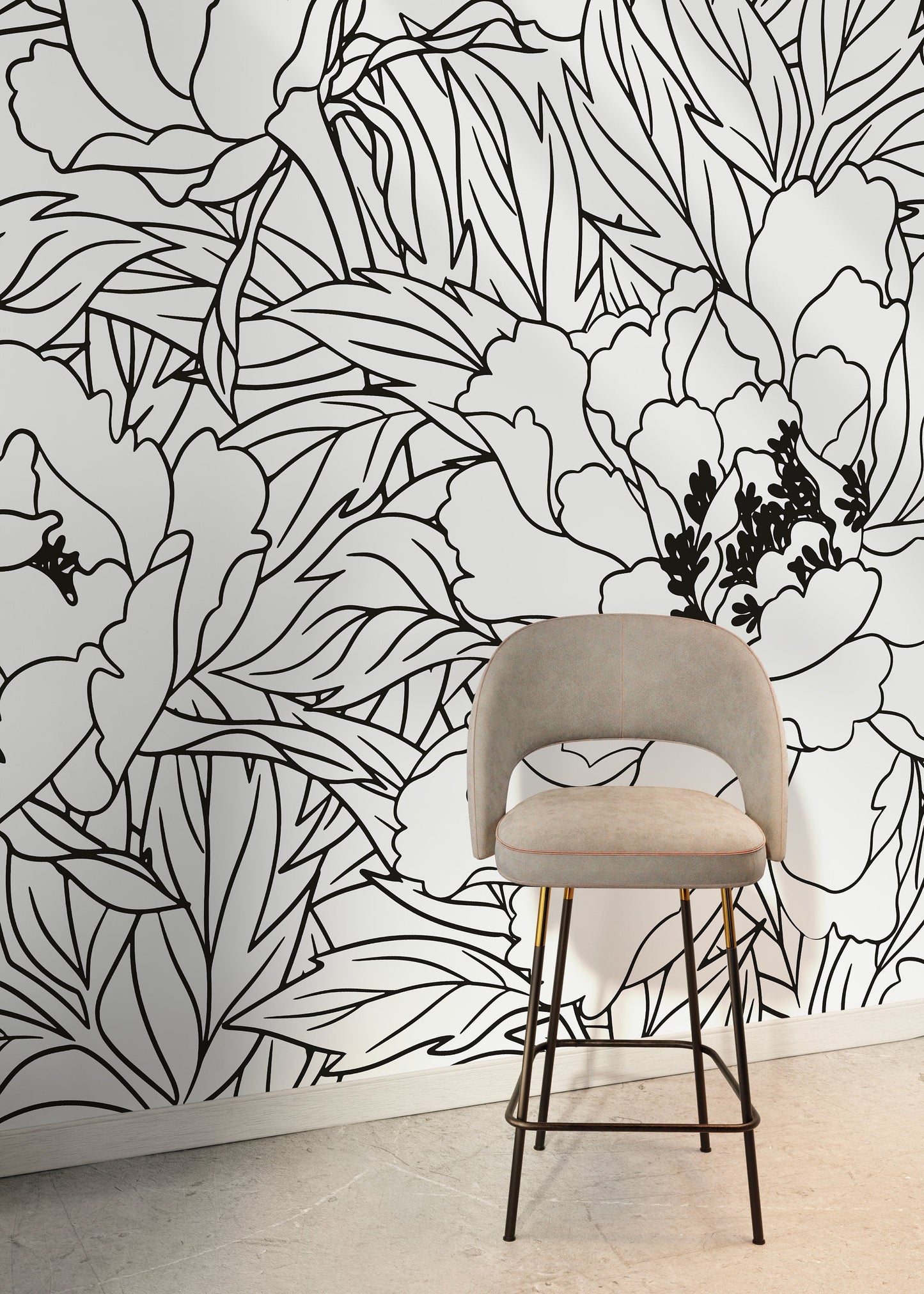 Black and White Large Floral / Wallpaper Peel and Stick Wallpaper Removable Wallpaper Home Decor Wall Art Wall Decor Room Decor - C919