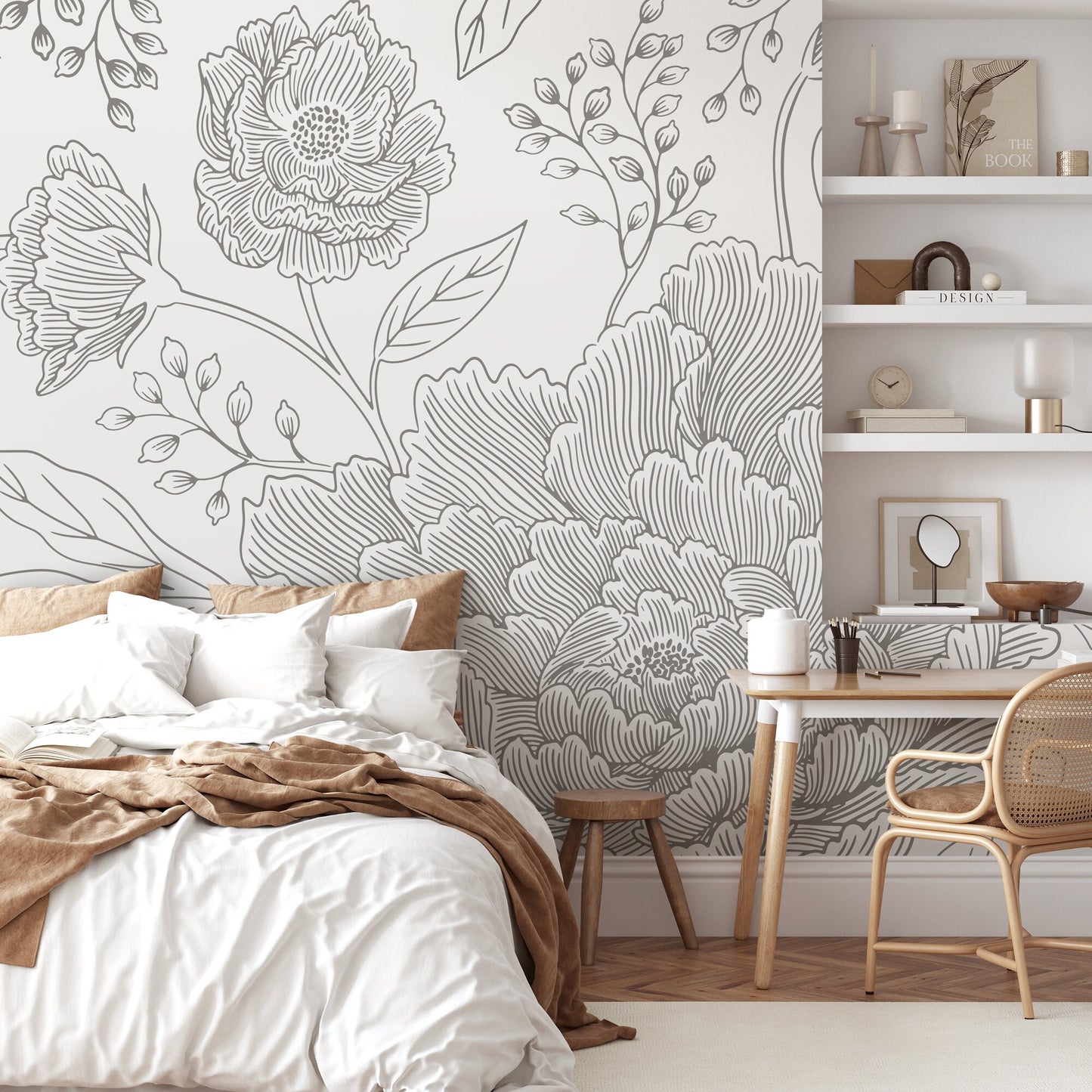 Gray Large Floral Wallpaper / Peel and Stick Wallpaper Removable Wallpaper Home Decor Wall Art Wall Decor Room Decor - C924