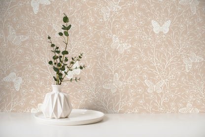 Beige Butterfly Floral Wallpaper / Peel and Stick Wallpaper Removable Wallpaper Home Decor Wall Art Wall Decor Room Decor - C703