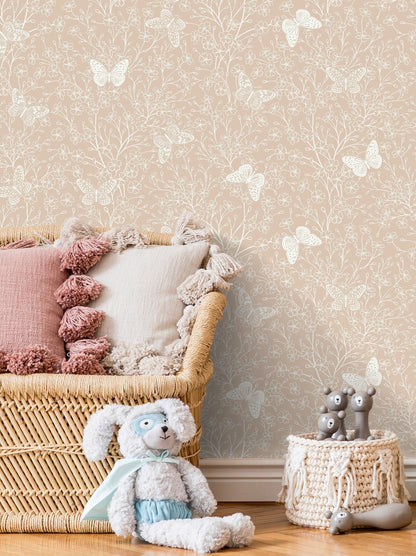 Beige Butterfly Floral Wallpaper / Peel and Stick Wallpaper Removable Wallpaper Home Decor Wall Art Wall Decor Room Decor - C703