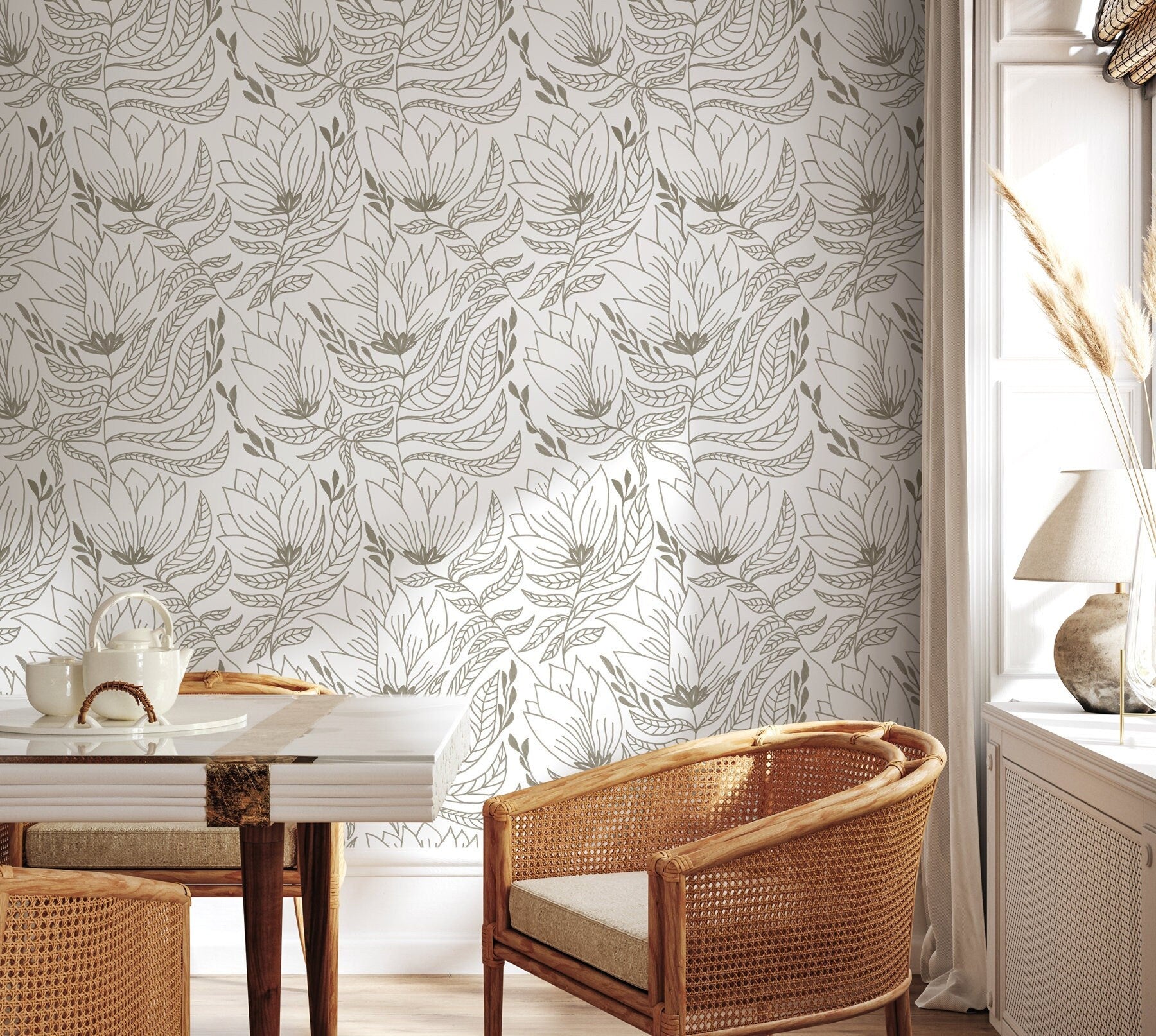 Floral and Leaf Boho Wallpaper / Peel and Stick Wallpaper Removable Wallpaper Home Decor Wall Art Wall Decor Room Decor - C941