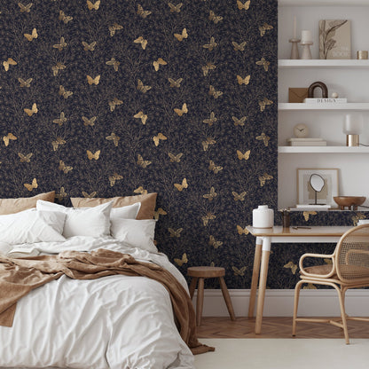 Gold and Navy Butterfly Floral / Peel and Stick Wallpaper Removable Wallpaper Home Decor Wall Art Wall Decor Room Decor - C702