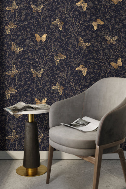 Gold and Navy Butterfly Floral / Peel and Stick Wallpaper Removable Wallpaper Home Decor Wall Art Wall Decor Room Decor - C702