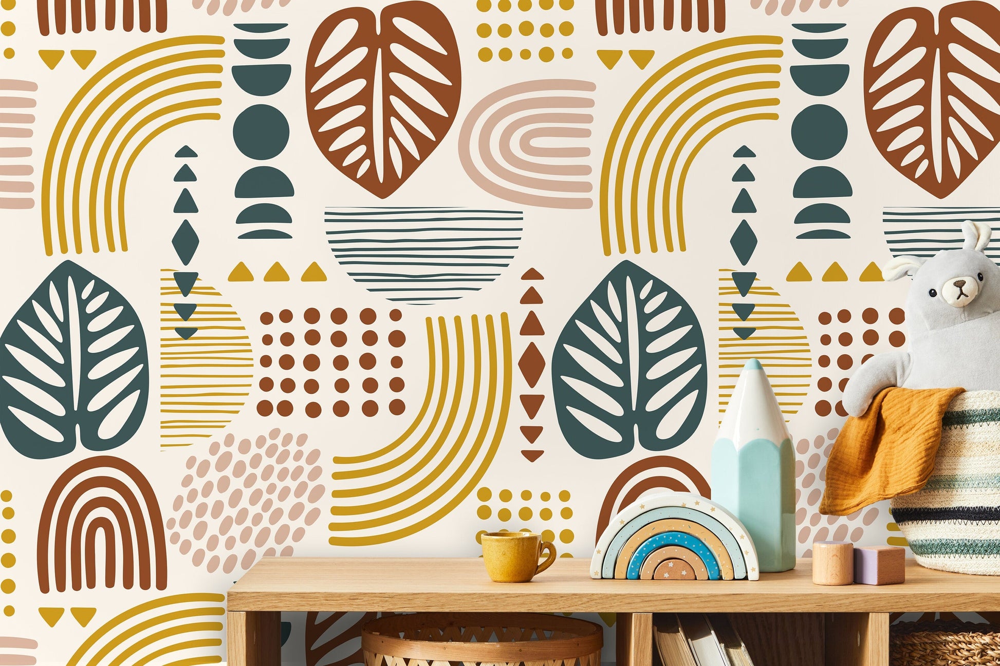 Abstract Shapes and Leaf Wallpaper / Peel and Stick Wallpaper Removable Wallpaper Home Decor Wall Art Wall Decor Room Decor - C735