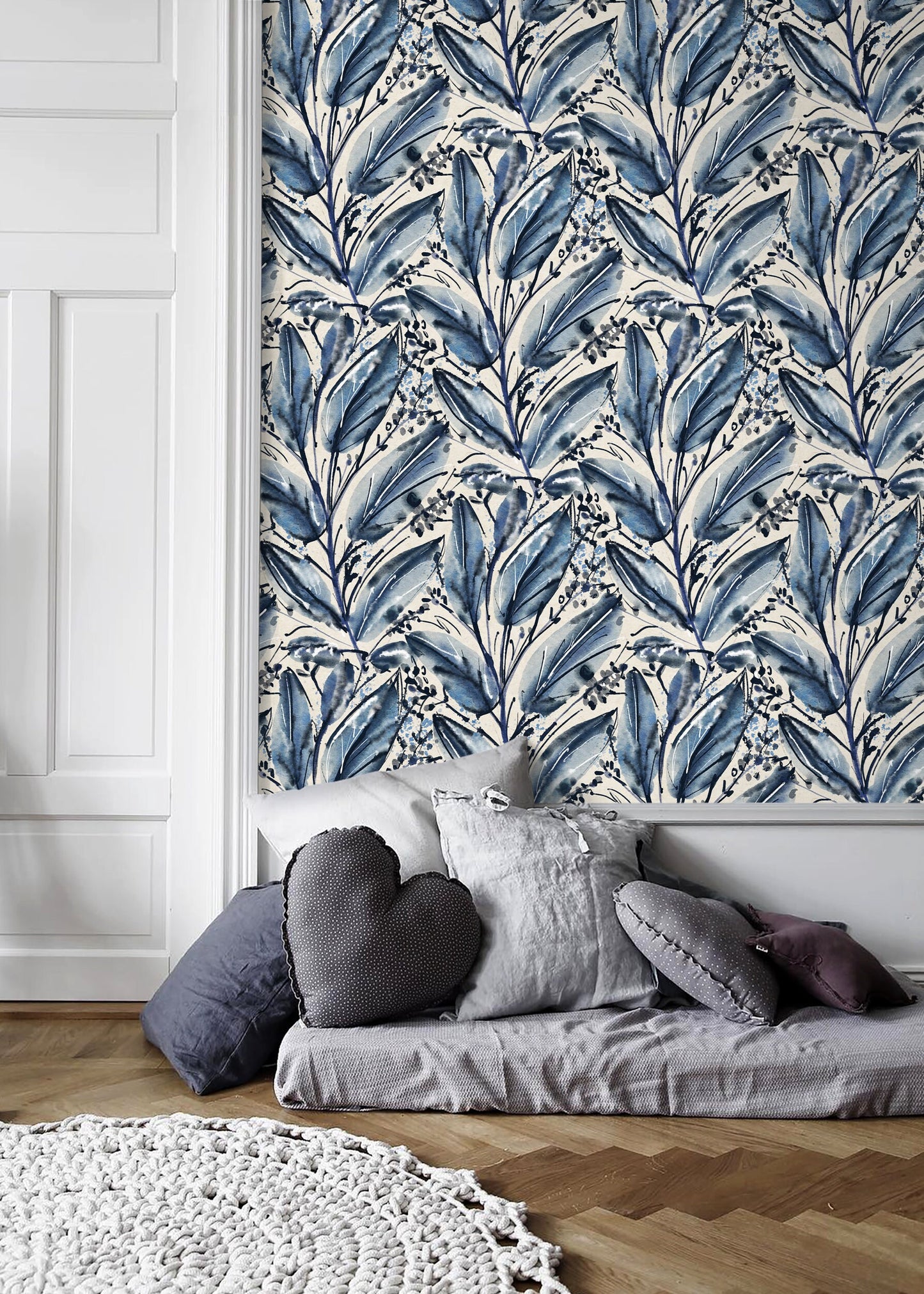 Blue Leaf Hand Painted Wallpaper / Wallpaper Peel and Stick Wallpaper Removable Wallpaper Home Decor Wall Art Wall Decor Room Decor - C780