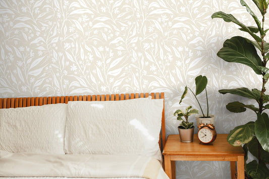 White and Beige Tropical Leaves Wallpaper / Peel and Stick Wallpaper Removable Wallpaper Home Decor Wall Art Wall Decor Room Decor - C664