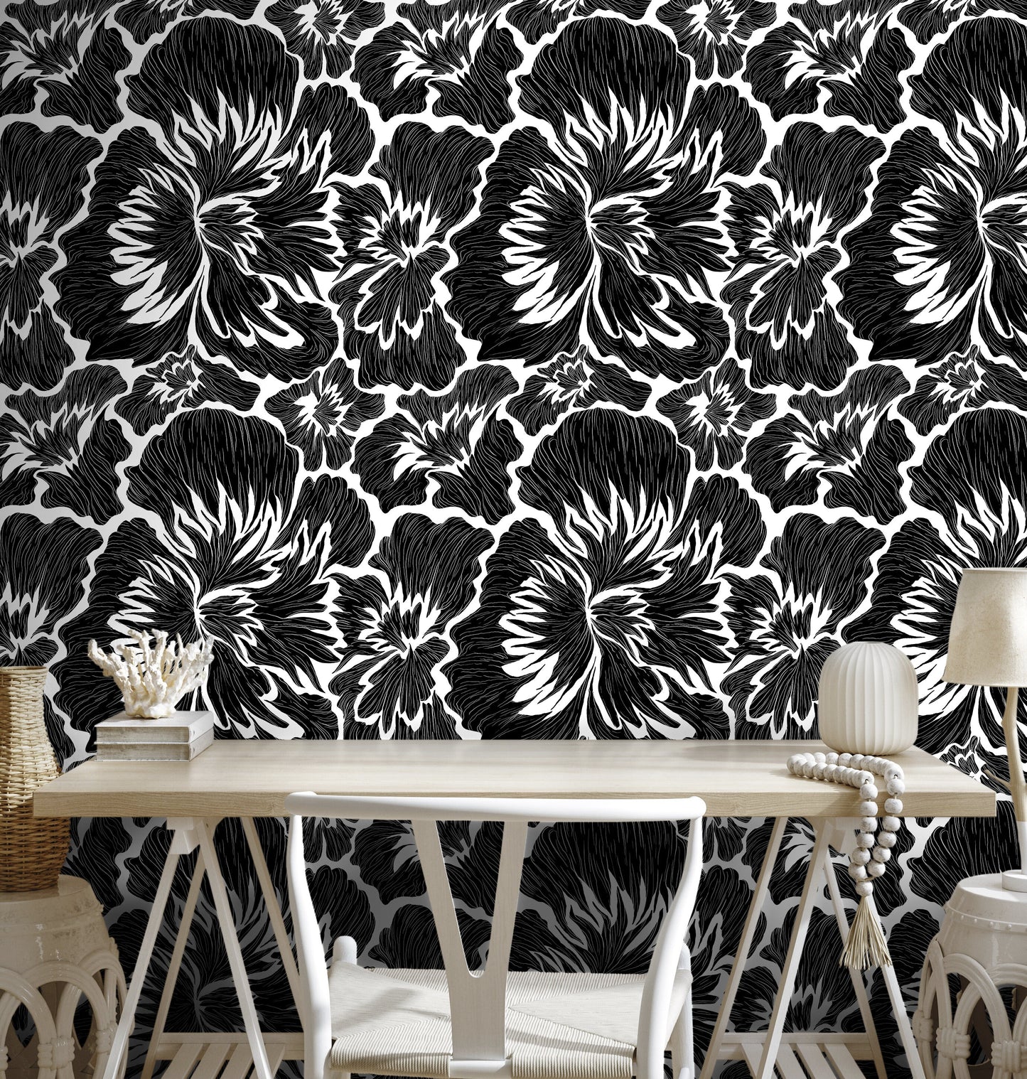 Black and White Bold Floral Wallpaper / Peel and Stick Wallpaper Removable Wallpaper Home Decor Wall Art Wall Decor Room Decor - C677