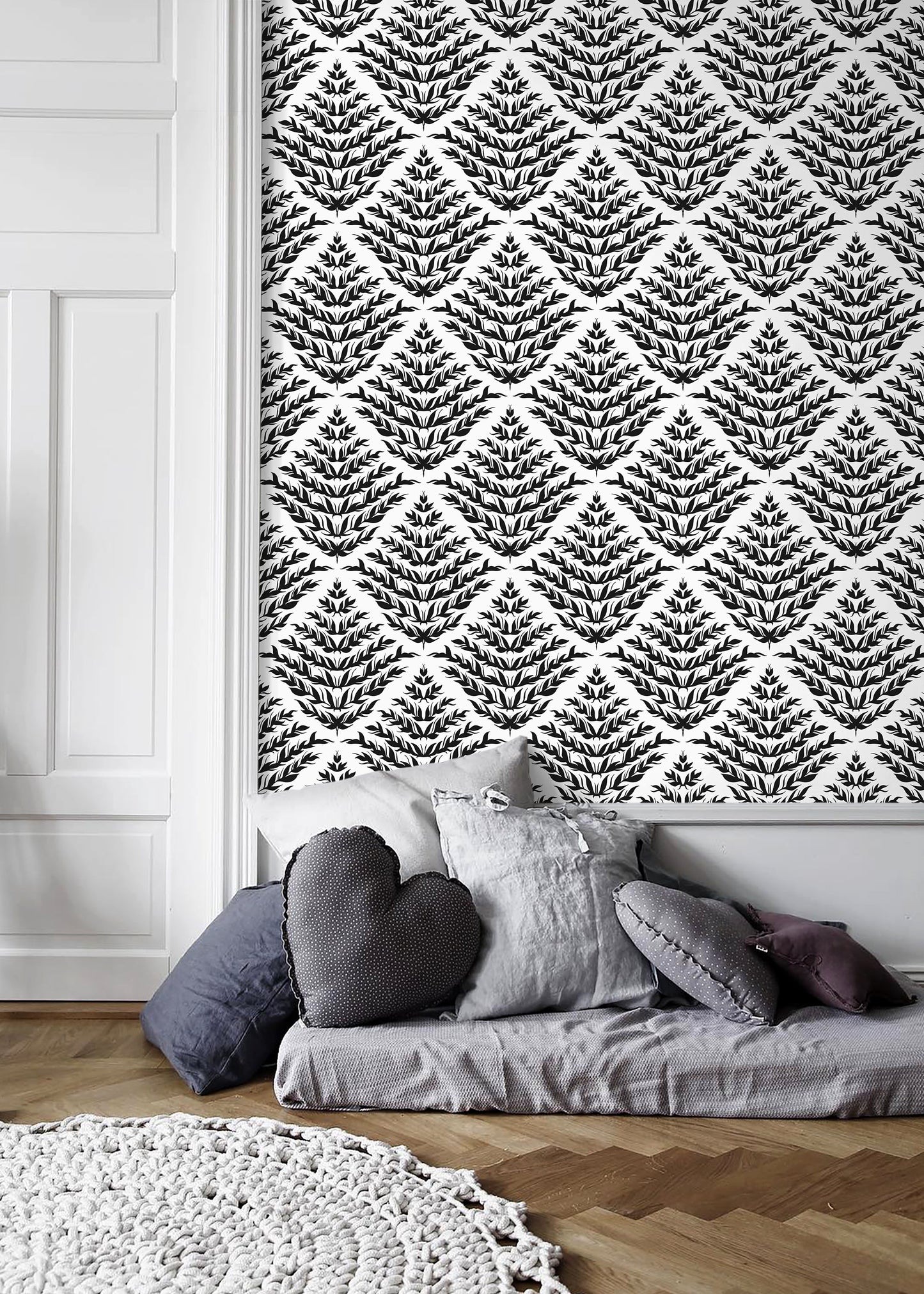 Black and White Leaf Wallpaper / Peel and Stick Wallpaper Removable Wallpaper Home Decor Wall Art Wall Decor Room Decor - C856