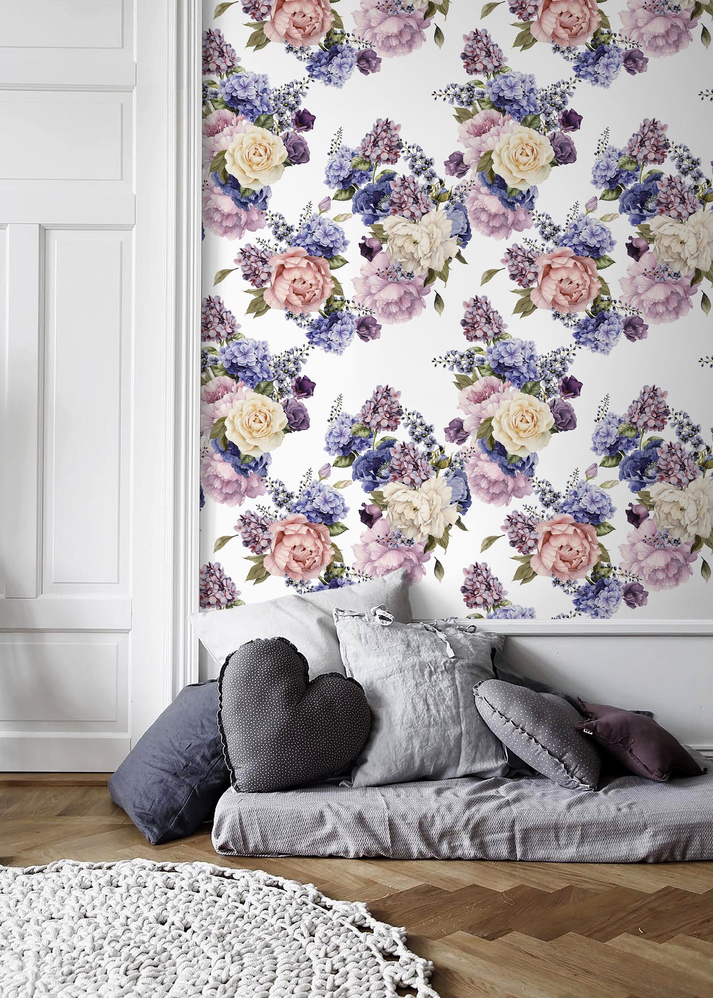 Floral Roses and Hydrangeas / Wallpaper Peel and Stick Wallpaper Removable Wallpaper Home Decor Wall Art Wall Decor Room Decor - C795