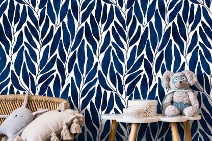 Navy Blue Leaf Boho Wallpaper / Peel and Stick Wallpaper Removable Wallpaper Home Decor Wall Art Wall Decor Room Decor - C804