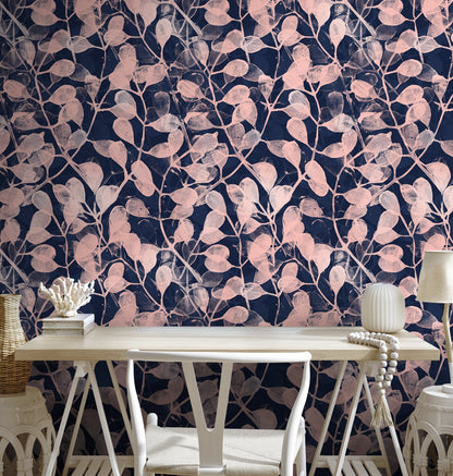 Pink and Navy Leaf Wallpaper / Wallpaper Peel and Stick Wallpaper Removable Wallpaper Home Decor Wall Art Wall Decor Room Decor - C873
