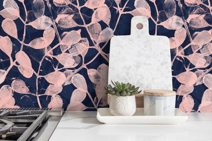 Pink and Navy Leaf Wallpaper / Wallpaper Peel and Stick Wallpaper Removable Wallpaper Home Decor Wall Art Wall Decor Room Decor - C873