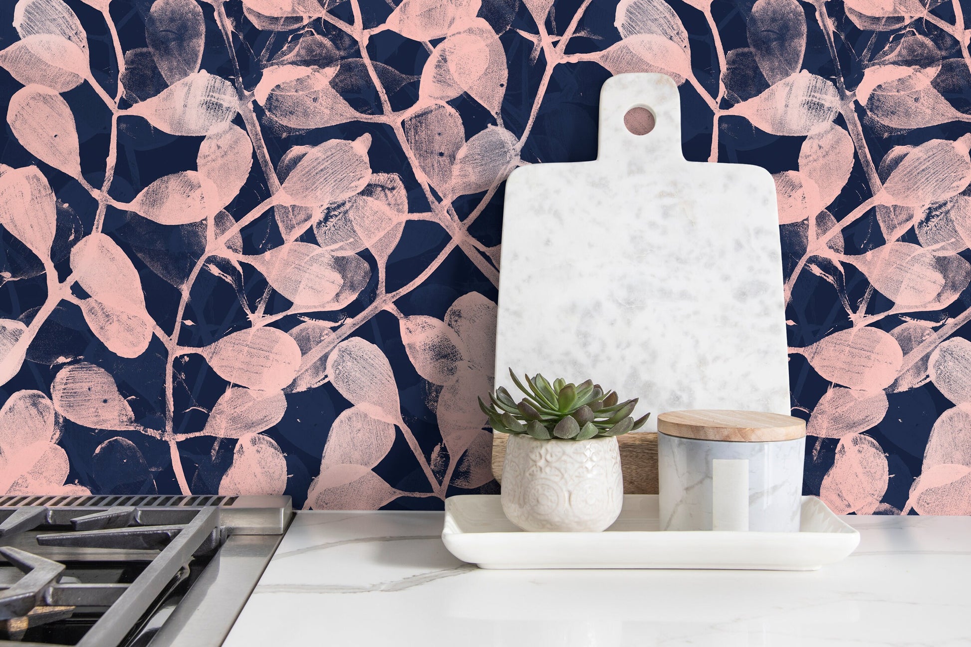 Pink and Navy Leaf Wallpaper / Peel and Stick Wallpaper Removable Wallpaper Home Decor Wall Art Wall Decor Room Decor - C873