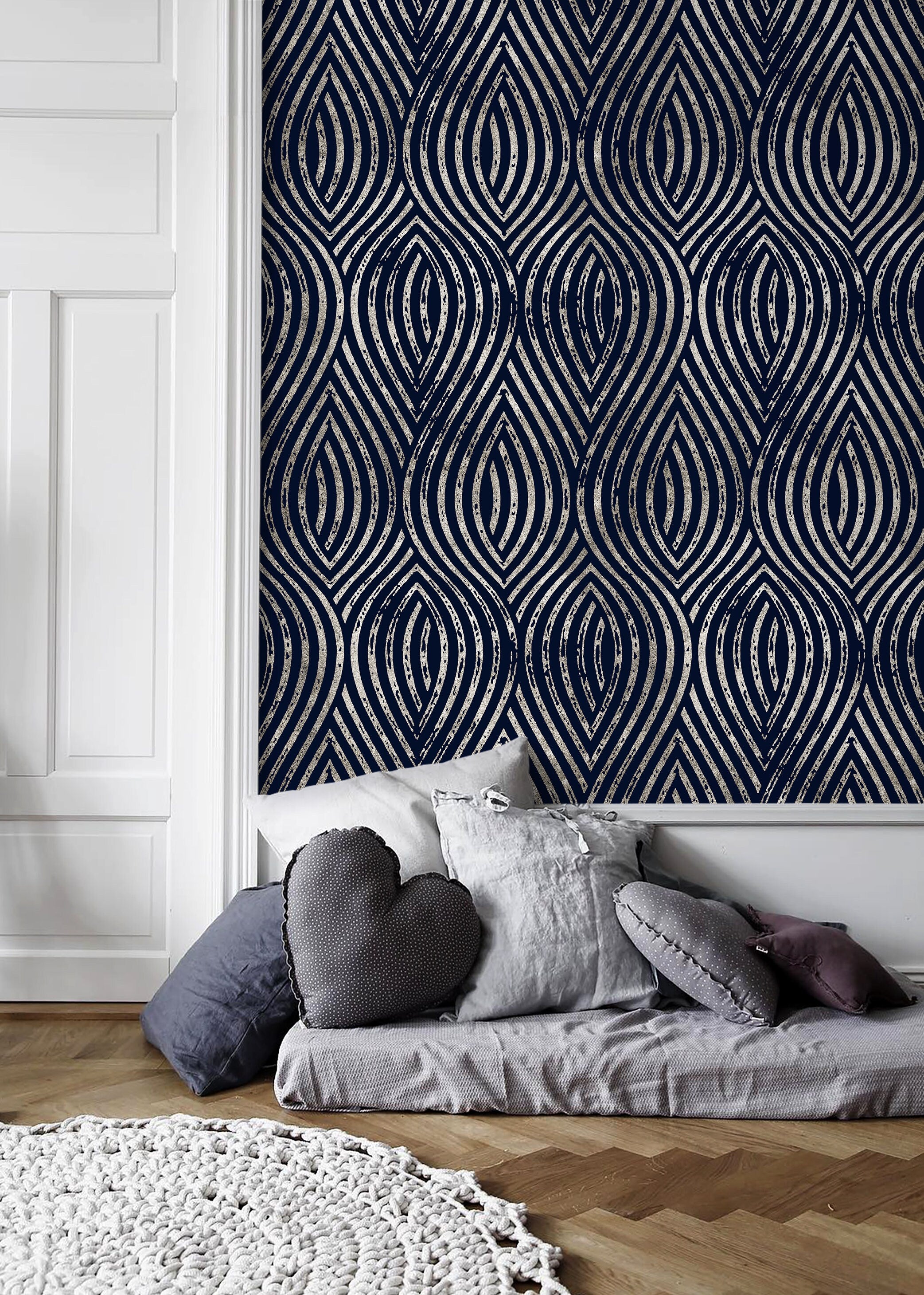 Navy and Silver Modern Wallpaper / Peel and Stick Wallpaper Removable -  ONDECOR.COM