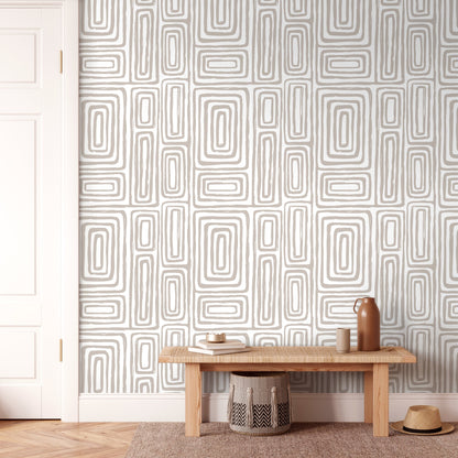 Warm Neutral Paint Brushed Labyrinth Wallpaper Peel and Stick Removable Repositionable Minimalistic Abstract Boho Beige & White - ZAAA