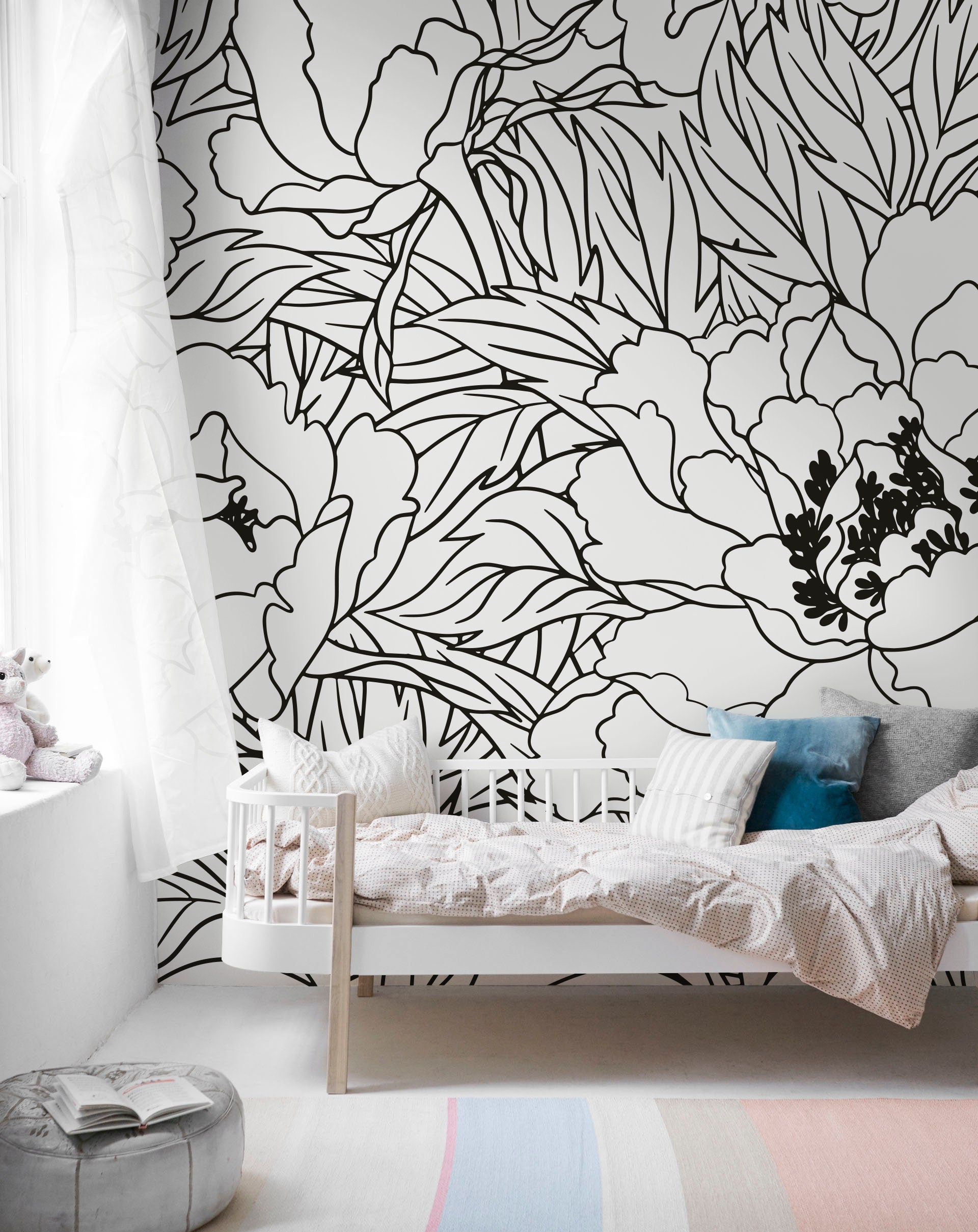 Black and White Large Floral / Wallpaper Peel and Stick Wallpaper Removable Wallpaper Home Decor Wall Art Wall Decor Room Decor - C919