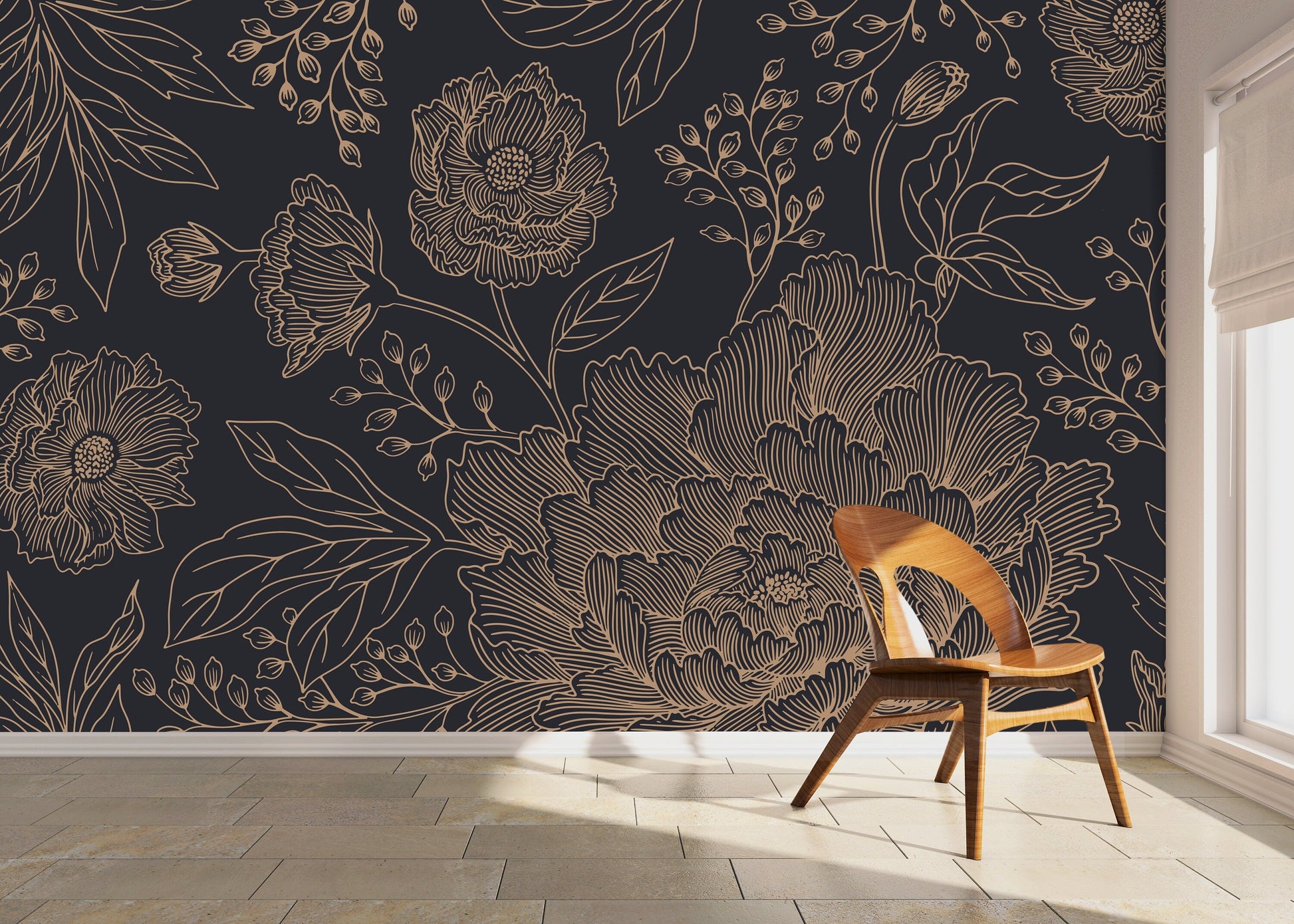 Black and Gold Large Floral Wallpaper / Peel and Stick Wallpaper Removable Wallpaper Home Decor Wall Art Wall Decor Room Decor - C925