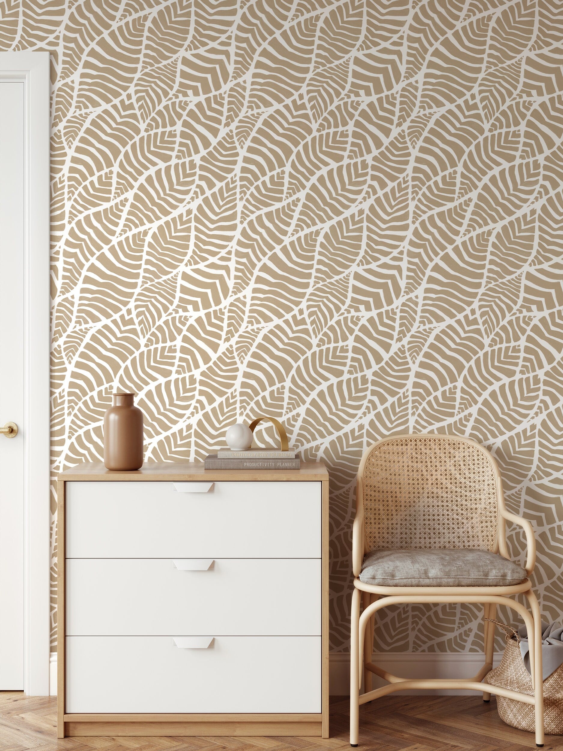 Beige Boho Abstract Leaf Wallpaper / Peel and Stick Wallpaper Removable Wallpaper Home Decor Wall Art Wall Decor Room Decor - C958