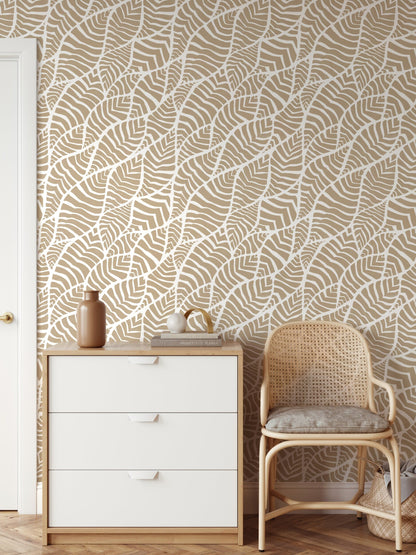 Beige Boho Abstract Leaf Wallpaper / Peel and Stick Wallpaper Removable Wallpaper Home Decor Wall Art Wall Decor Room Decor - C958