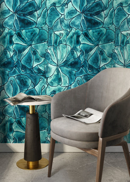 Turquoise Abstract Floral Wallpaper / Wallpaper Peel and Stick Wallpaper Removable Wallpaper Home Decor Wall Art Wall Decor Room Decor -C936