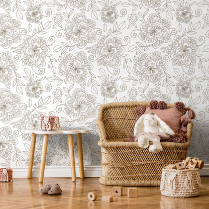 Beige Boho Floral Wallpaper / Peel and Stick Wallpaper Removable Wallpaper Home Decor Wall Art Wall Decor Room Decor - C962