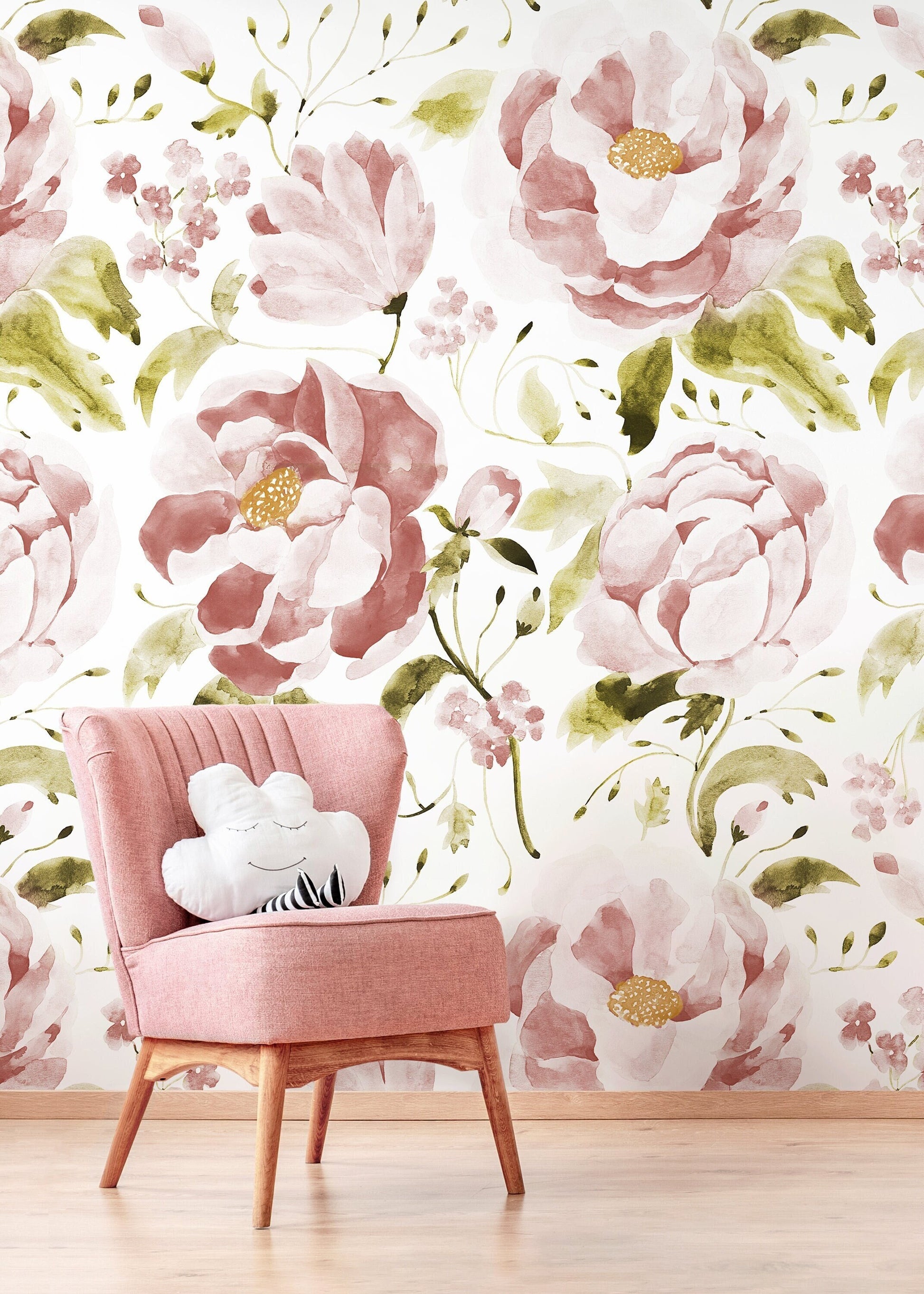 Pink Vintage Floral Wallpaper / Peel and Stick Wallpaper Removable Wallpaper Home Decor Wall Art Wall Decor Room Decor - C965