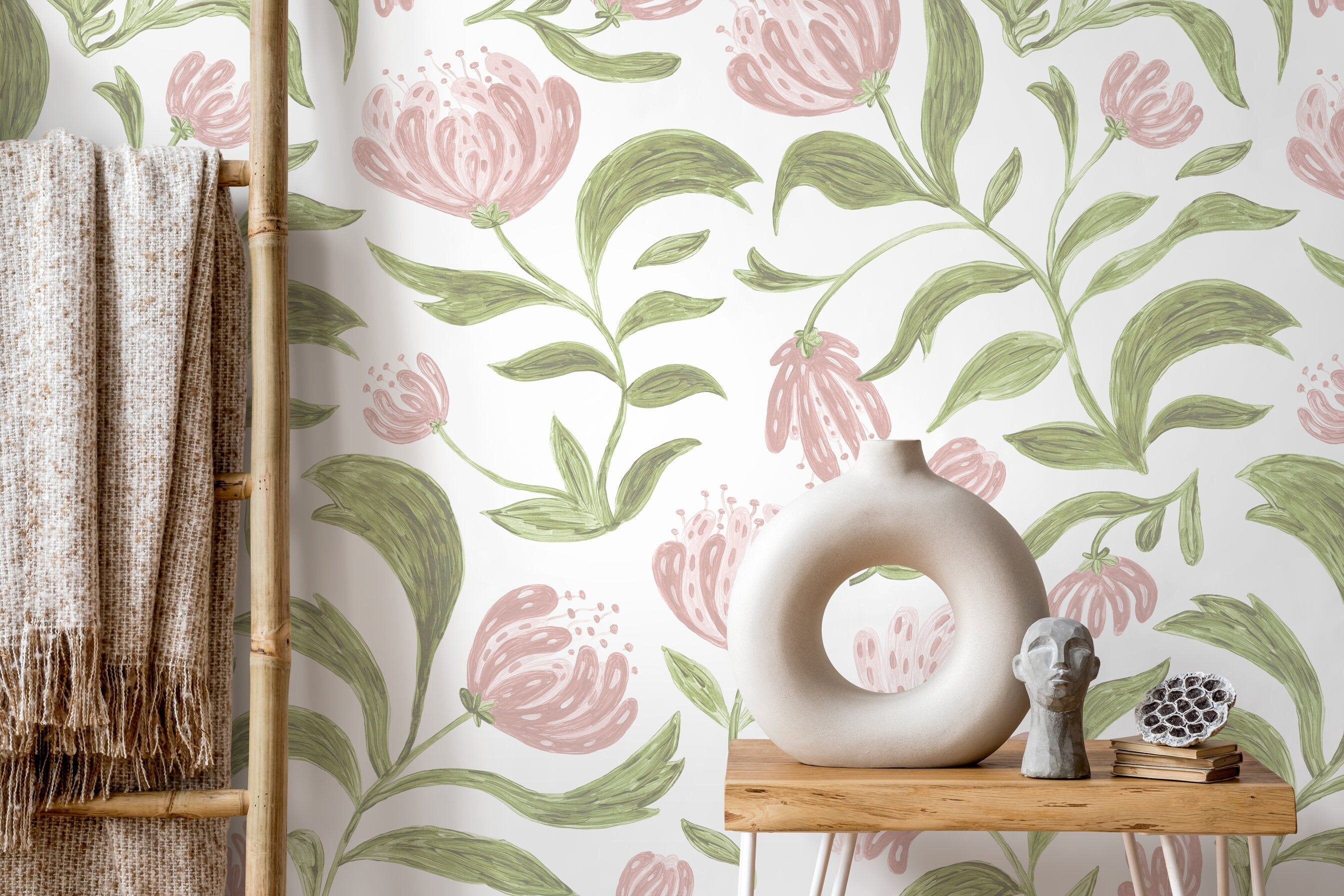 Pink Floral Garden Wallpaper Peel and Stick Wallpaper Removable