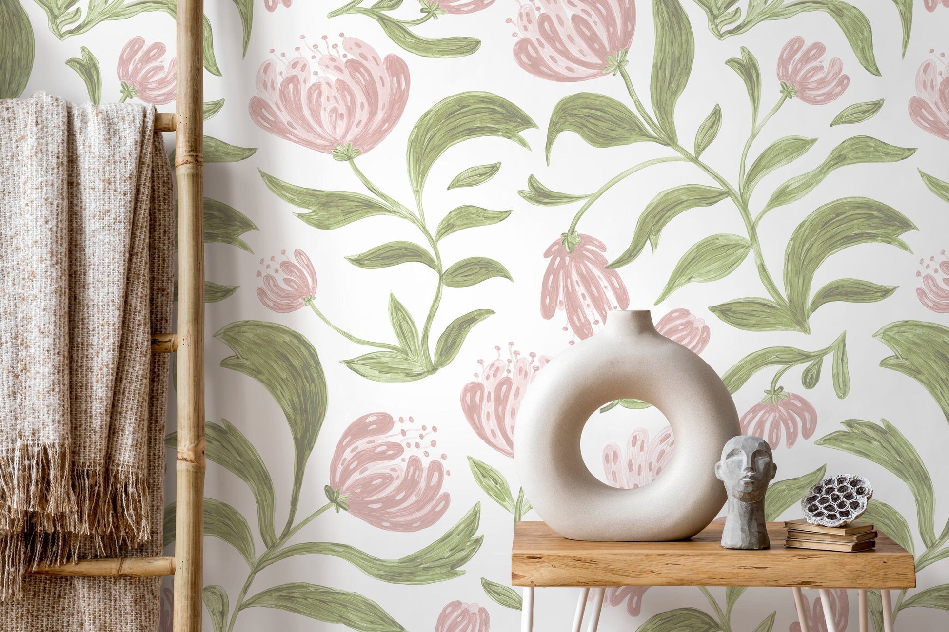 Green Pink Floral Wallpaper, Removable Wallpaper, Peel And Stick Wallpaper, Adhesive Wallpaper