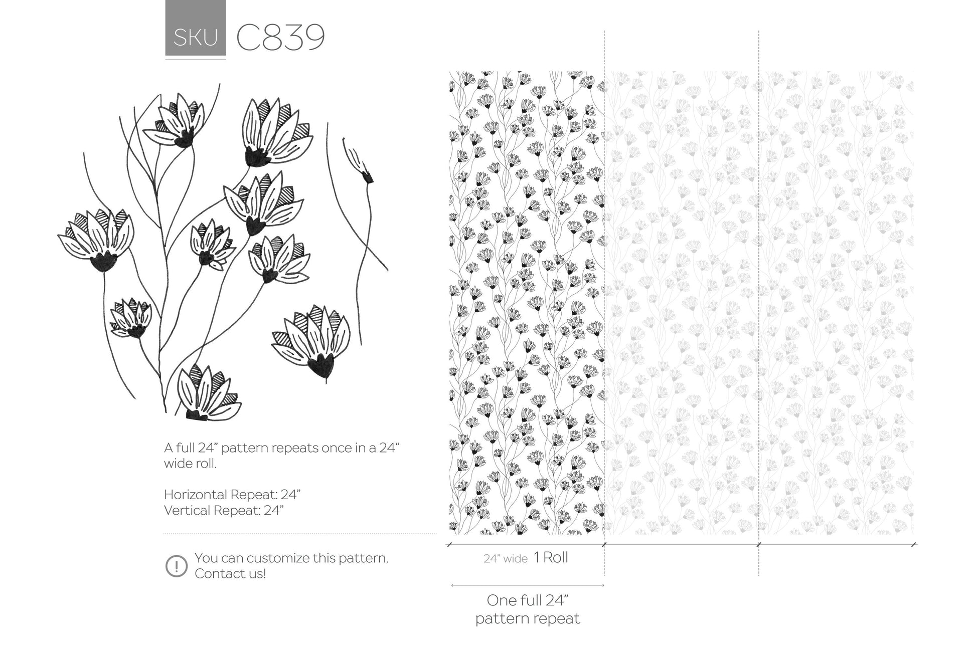 Black and White Wild Flowers Wallpaper / Peel and Stick Wallpaper Removable Wallpaper Home Decor Wall Art Wall Decor Room Decor - C839